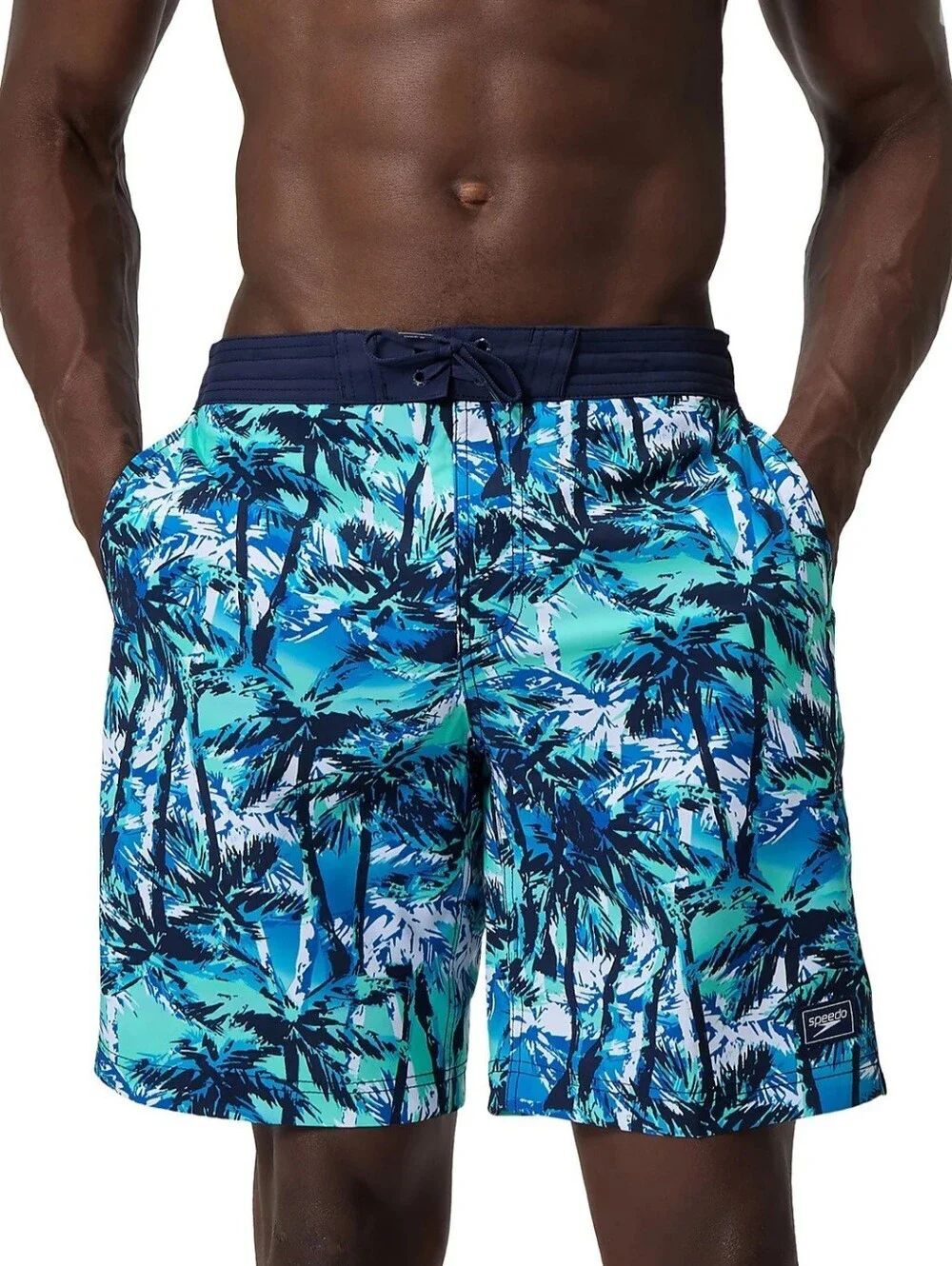 Speedo Men's Navy and Teal Palm-Print Swim Board Shorts